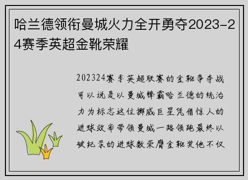哈兰德领衔曼城火力全开勇夺2023-24赛季英超金靴荣耀