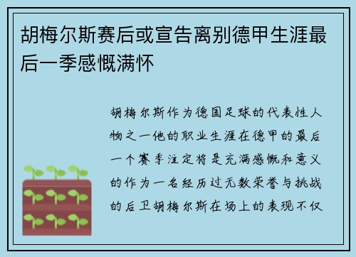 胡梅尔斯赛后或宣告离别德甲生涯最后一季感慨满怀