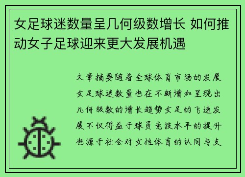 女足球迷数量呈几何级数增长 如何推动女子足球迎来更大发展机遇